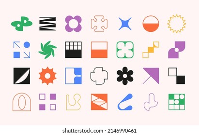 Set of modern futuristic figures. Abstract geometric shapes in brutalism style. Fragile vector objects with thin outline. Vector illustration