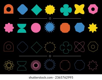 Set of modern futuristic figures. Abstract geometric shapes in brutalism style. Fragile vector objects with thin outline.