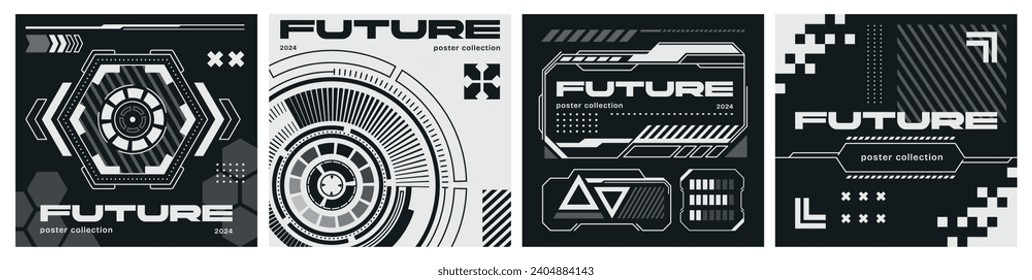 Set of modern futuristic posters. Abstract sci fi banners in Hi tech cyberpunk style. Black and white technology flyers and covers. Cartoon flat vector collection isolated on white background
