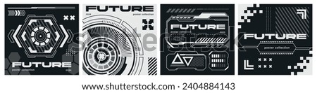 Set of modern futuristic posters. Abstract sci fi banners in Hi tech cyberpunk style. Black and white technology flyers and covers. Cartoon flat vector collection isolated on white background