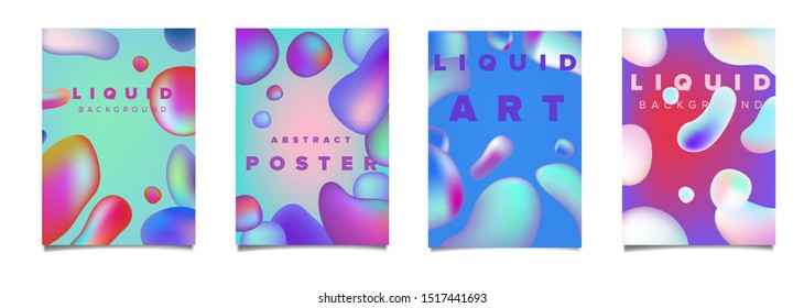 Set of modern futuristic posters with floating vibrant liquid 3D shapes. Vector template for music party leaflet, science or education presentation.