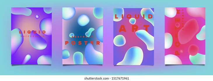 Set of modern futuristic posters with floating vibrant liquid 3D shapes. Vector template for music party leaflet, science or education presentation.