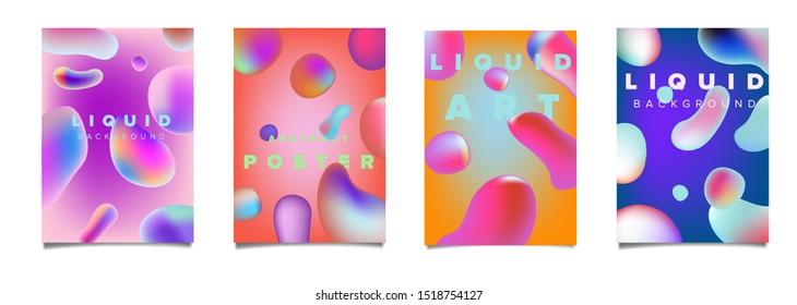 Set of modern futuristic posters with floating vibrant liquid 3D shapes. Vector template for music party leaflet, science or education presentation.