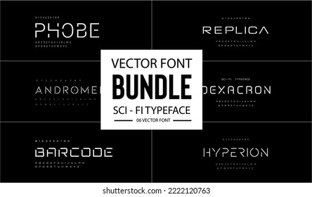 Conjunto de fuentes vectoriales futuristas modernos de ciencia ficción. tipo de letra de estilo de espacio futuro. Letras de estilo minimalista para logotipo, titular, afiche, música o portada de película. ilustración vectorial