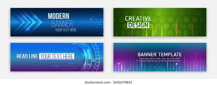 Conjunto de banners web futuristas modernos com planos de fundo de tecnologia abstrata. Ideal para sites, publicidade, apresentações comerciais e marketing digital.