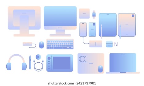 Set of modern gadgets in flat style on isolated background. Simple vector gradient icon illustration