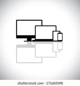 set of modern gadgets like laptop, computer, phone - vector graphic. This graphic consists of icons of desktop PC monitor, laptop, cell or mobile phone, tablet and notebook used for web design
