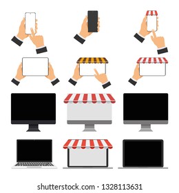 A set of modern gadgets, mockups to showcase your web-site design. Gadgets in the hands of man. Smartphone, laptop, desktop with store dough. Vector illustration.