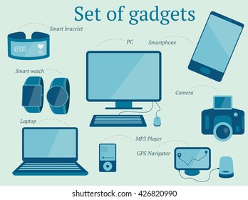 Set of modern gadgets vector design including laptop, pc, mp3 player, smartphone, watch, bracelet, gps navigator, camera svg