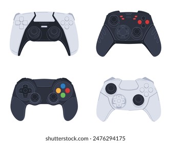 A set of modern game joysticks. Game consoles. Computer games and modern entertainment. Vector illustration