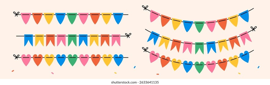 Set of modern garlands of colorful bright flags of different shapes: triangle, rectangle, heart on a light background; yellow, blue, red, pink, green colors, flat style