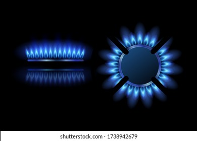 Set of modern gas burners with blue flame, black steel grate. Top view, front view gas burner ring. Realistic burner propane butane oven element for web interior design isolated on black background.