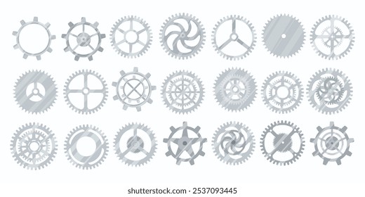 Set of modern gears in cartoon style. Vector illustration of beautiful gears, details of mechanisms, machines of different shapes and sizes isolated on a white background. Transmits rotary motion.