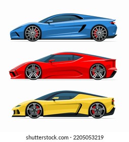 Set Of Modern Generic Sports Cars. 3 Variants Of Side View Of A Sports Coupe Isolated On White Background. Vector Supercar Icon For Road, Race And Transportation Illustrations.