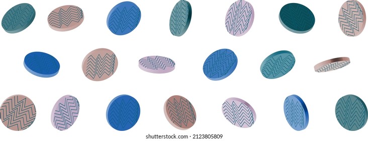 set of Modern geometric 3d abstract vector Small isolated short cylinders, pills, candies, circles with zigzags