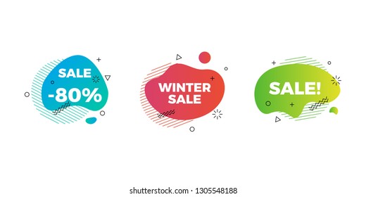 Set of modern geometric abstract banners. Vector flat shapes of sale, fluid liquid color illustration in memphis style. Minimal template can be used in web or print design.