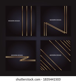 Establecer plantillas abstractas geométricas modernas con líneas rectas y zigzag doradas sobre fondo negro