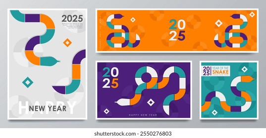 Set of modern geometric banners design for 2025 Year of the Snake. Greeting cards with bold orange, yellow, red, purple and white segments forming a snake with abstract circles, stars and copy space