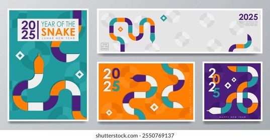 Set of modern geometric banners design for 2025 Year of the Snake. Greeting cards with bold orange, cyan, purple and white segments forming a snake with abstract circles, stars and copy space for text