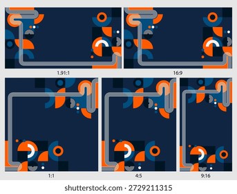 Conjunto de Anuncios geométricos modernos en múltiples Relaciones de aspecto con diseños abstractos limpios en tonos azul oscuro y naranja. Diseñado para marketing digital, publicidad, branding y comunicación visual