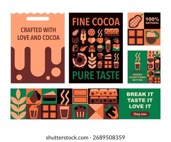 Set of modern geometric banners and packaging templates for chocolate advertising and handmade sweets in a vector illustration