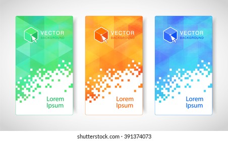 Set of modern geometric banners with polygonal background. Green, Orange and Blue. Vector illustration