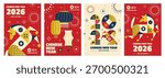 Set of modern geometric Chinese New Year 2026 posters and greeting cards, celebrating the Year of the Horse. Elegant flat design style with bold shapes, abstract horse illustration. Vector