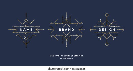 Set of modern geometric framework for text or logo of gold glitter on a dark background. Vector illustration in a minimalist style