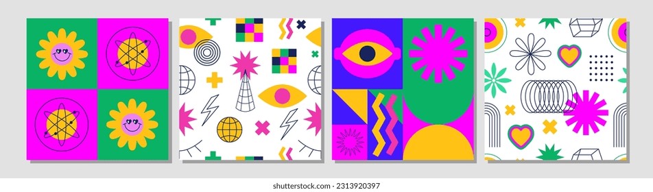 Set of modern geometric futuristic patterns. Abstract psychedelic brutalist background. Geometric shapes, groovy flowers, mystic eyes.  Brutal contemporary art. Bauhaus memphis design. Digital paper.