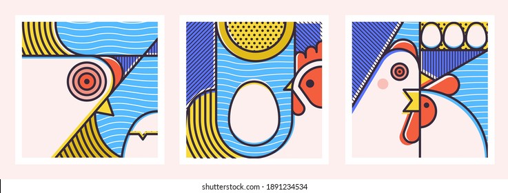 Set of modern geometric illustrations with a chicken. Abstract illustration with patterns for posters, prints, products. 