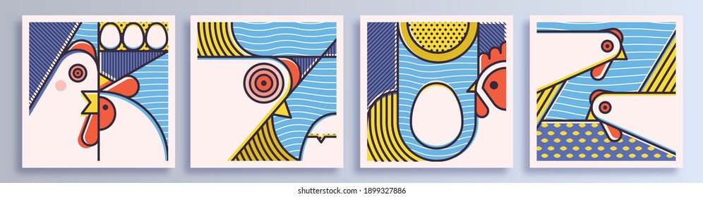 Set of modern geometric illustrations with a chicken. Abstract illustration with patterns for posters, prints, products. 