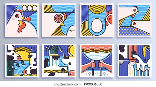 Set of modern geometric illustrations with a chicken and cow. Abstract illustration with patterns for posters, prints, products. 