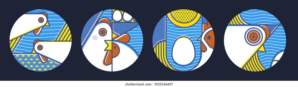 Set of modern geometric illustrations with a chicken. Abstract illustration with patterns for posters, prints, products. 