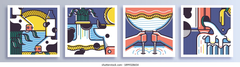 Set of modern geometric illustrations with dairy products. Abstract illustration for posters, prints, products.