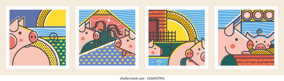 Set of modern geometric illustrations with a pig. Abstract illustration with patterns for posters, prints, products. 