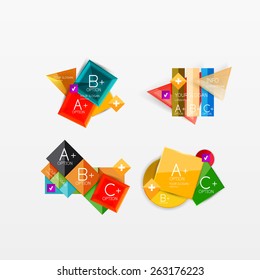 Set of modern geometric infographic web or app layouts, color paper graphics with sample text