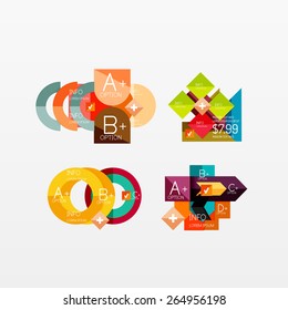 Set of modern geometric infographic web or app layouts, color paper graphics with sample text