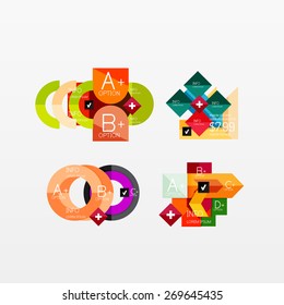 Set of modern geometric infographic web or app layouts, color paper graphics with sample text