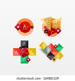 Set of modern geometric infographic web or app layouts, color paper graphics with sample text
