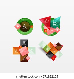 Set of modern geometric infographic web or app layouts, color paper graphics with sample text