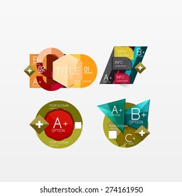 Set of modern geometric infographic web or app layouts, color paper graphics with sample text