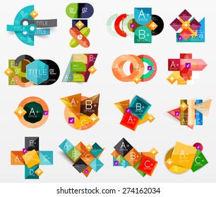 Conjunto de layouts modernos de web ou aplicativos de infográficos geométricos, gráficos coloridos em papel com texto de amostra