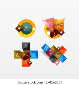 Set of modern geometric infographic web or app layouts, color paper graphics with sample text