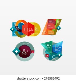 Set aus modernen geometrischen Infographischen Web- oder App-Layouts, Farbpapiergrafiken mit Beispieltext