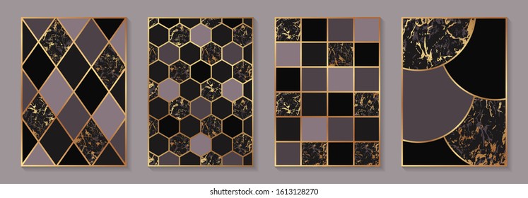 Set of modern geometric luxury backgrounds for business or presentation or greeting cards with golden lines and pink, black and marble honeycombs, squares, rhombuses, circles.