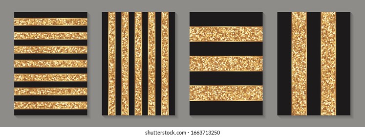 Set of modern geometric luxury backgrounds for business or presentation or greeting cards with golden glitter and black stripes.