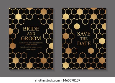 Set Of Modern Geometric Luxury Wedding Invitation Design Or Card Templates For Business Or Presentation Or Greeting With Golden Honeycombs On A Black Background.