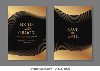 Set of modern geometric luxury wedding invitation design or card templates for business or presentation or greeting with golden wavy lines on a black background.