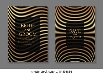 Set of modern geometric luxury wedding invitation design or card templates for business or presentation or greeting with golden lines on a black background.