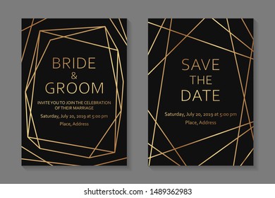 Set of modern geometric luxury wedding invitation design or card templates for business or presentation or greeting with golden lines on a black background.
